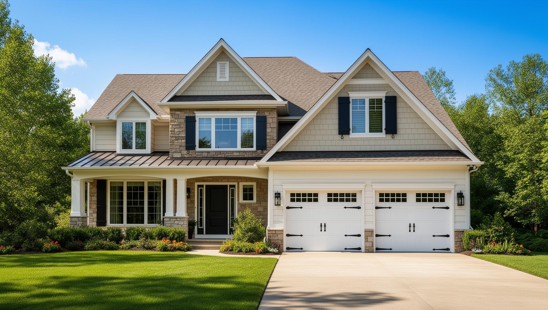 Beautiful suburban home with classic carriage house garage doors featuring decorative black iron hardware